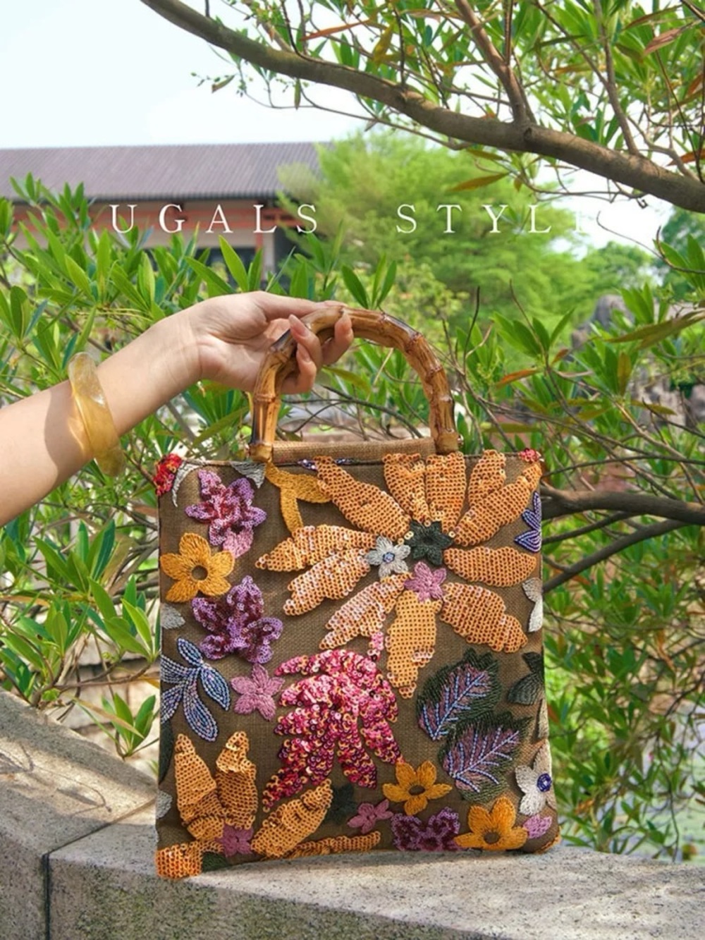 Embroidered Floral Sequin Tote Bag — Brown & Yellow